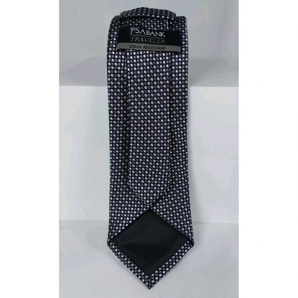 Jos A Bank Travelers Necktie Black Tan Geometric Dot‎ Tie 100% Silk 3.5
